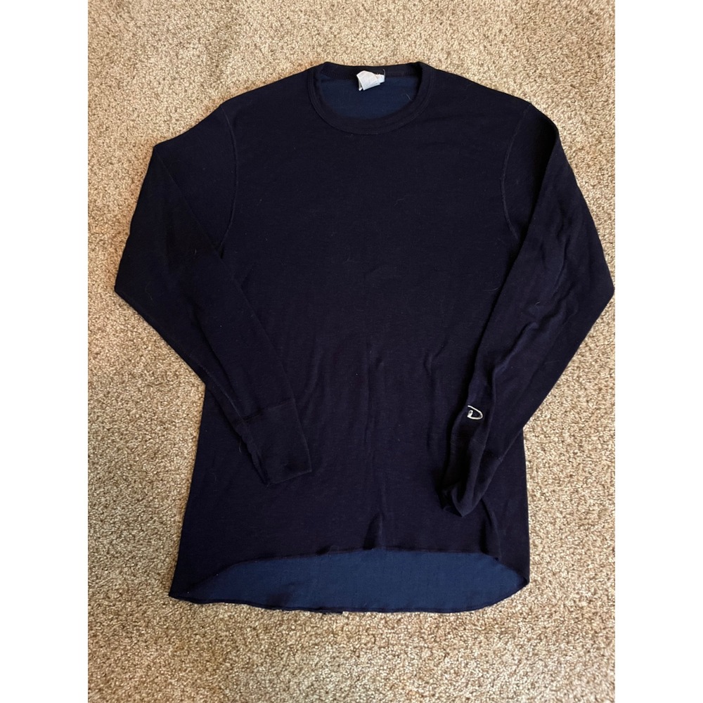 Duofold Mens Thermal Top Large Navy Blue Wool Blend Long Sleeve Base Layer Flaw